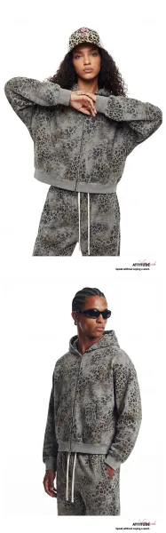 Design Leopard Print Heavyweight Fleece Zip-Up Hoodie and Sweatpants Set - 18