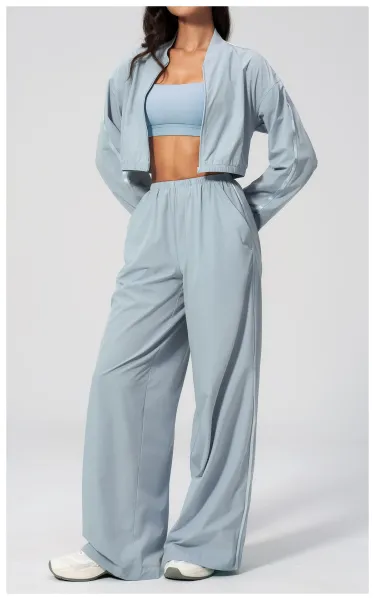 Design Cropped Zip-Up Jacket and Wide-Leg Pants Set in Pale Lime - 28