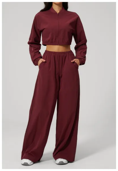 Design Cropped Zip-Up Jacket and Wide-Leg Pants Set in Pale Lime - 36