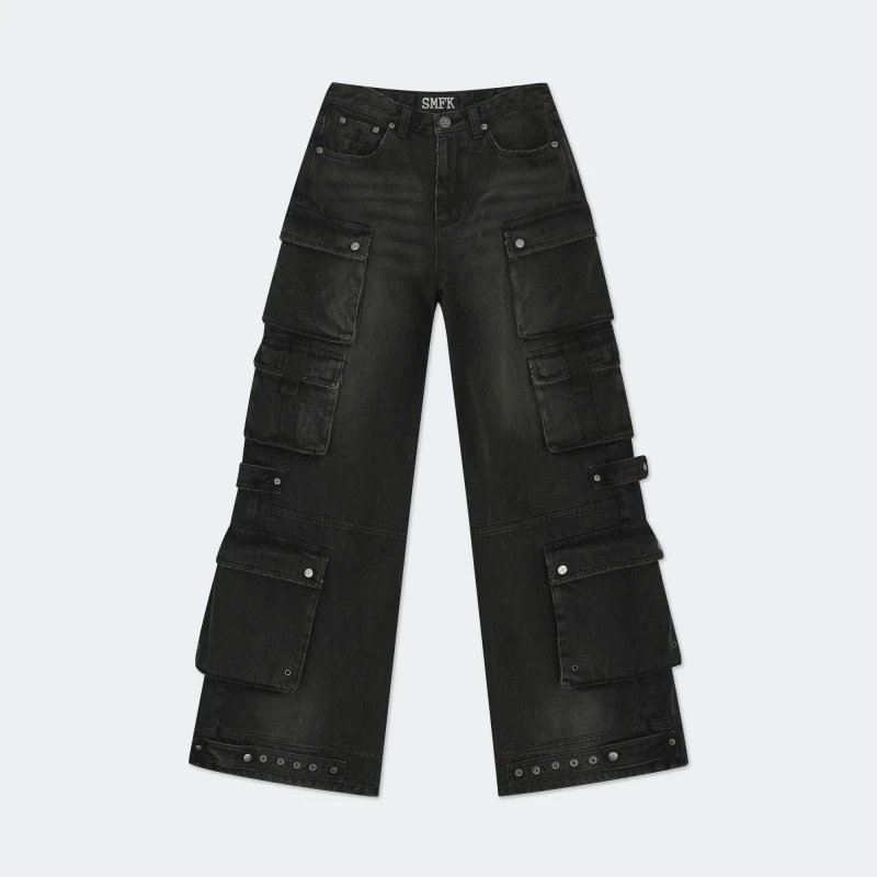 Design Cargo Pocket Wide-Leg Black Denim Jeans - 9
