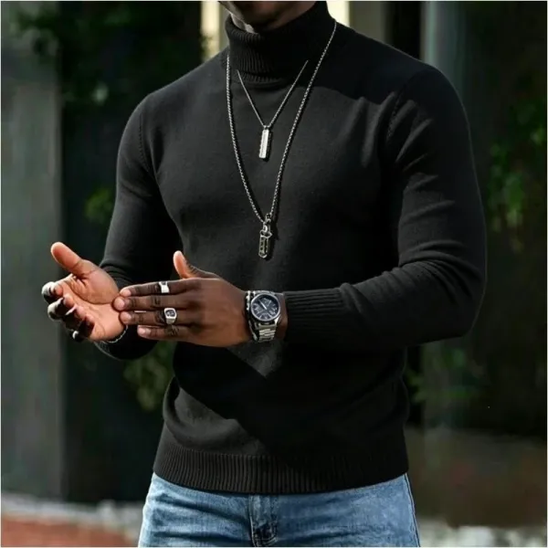 Design Black Turtleneck Sweater with Ribbed Cuffs and Hem Sweater - 1