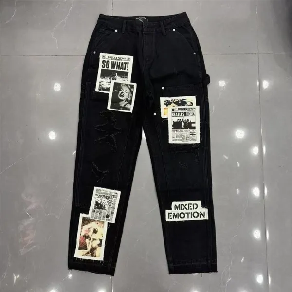 Design Newspaper Patchwork Distressed Black Jeans - 4