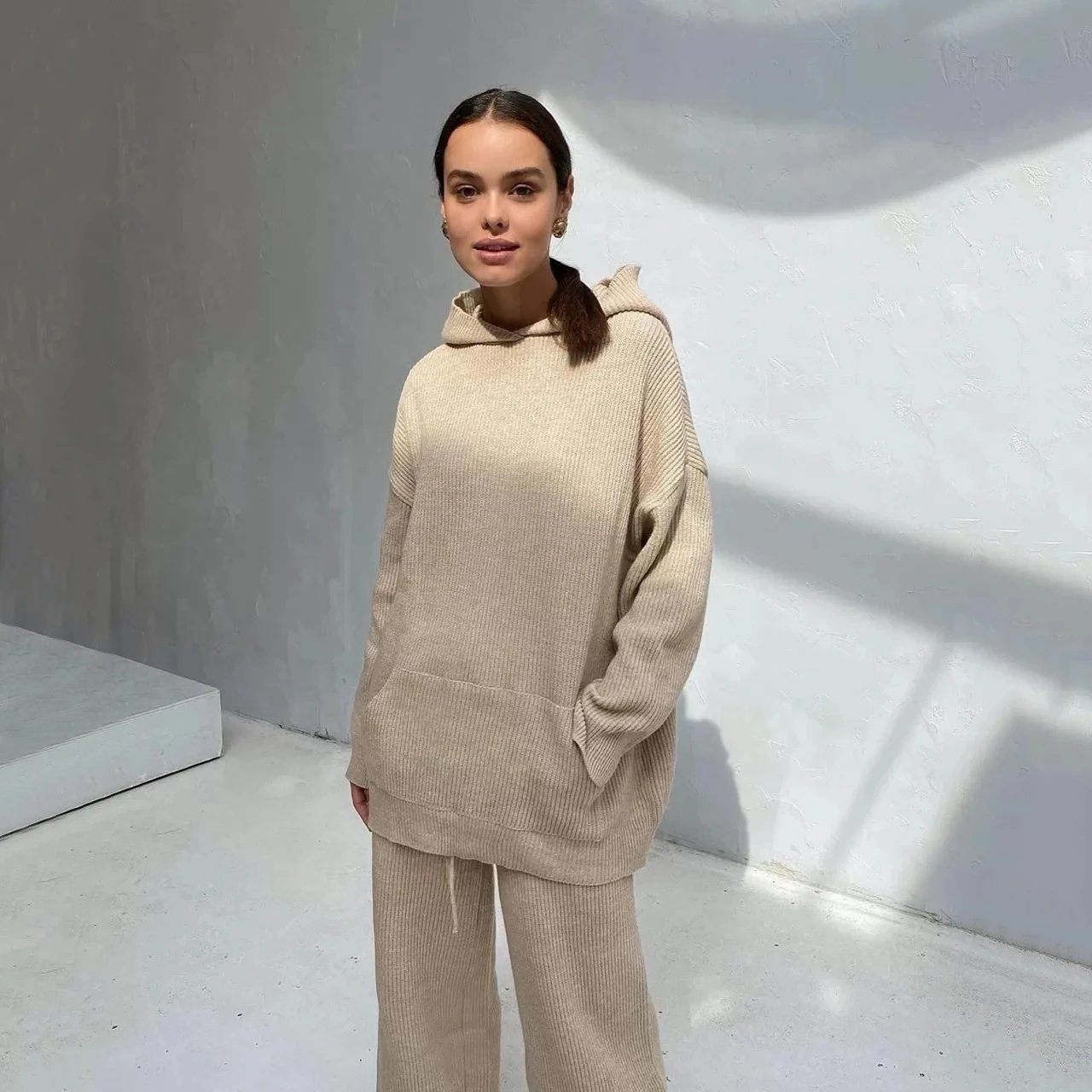 Design Ribbed Cropped Hoodie and Drawstring Pants Set Beige - 12