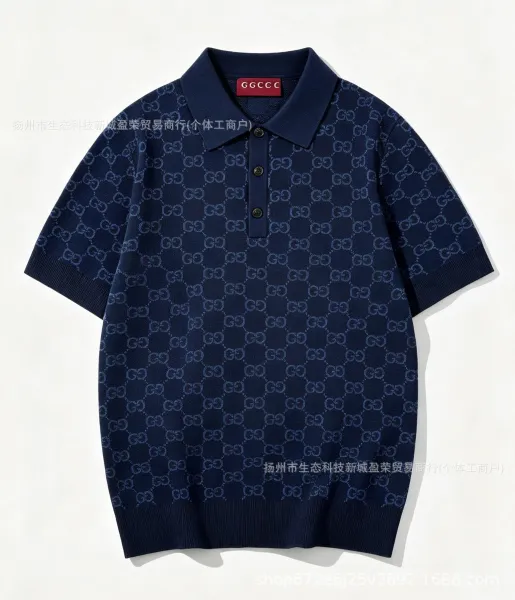 Gucci GG Monogram Knit Polo Navy Blue Polo Shirt - 1