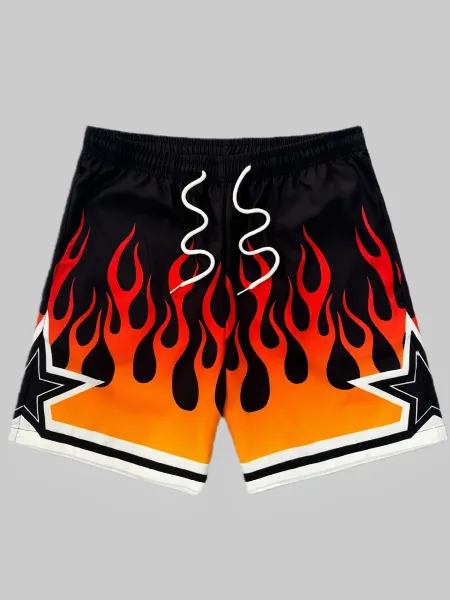 Design Flame Print Basketball Shorts Black Orange Red - 1