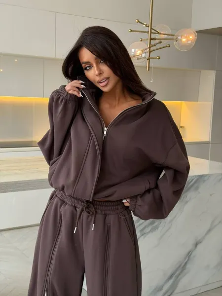 Design Track Suit Set Brown with Blue Stripe Pants Tracksuit - 11