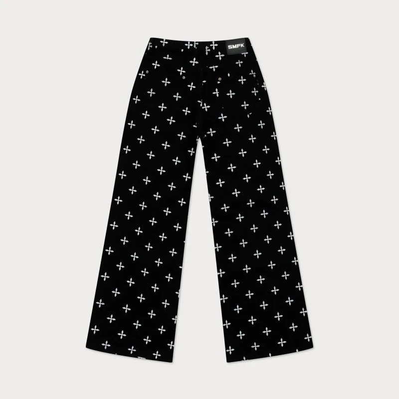 SMF SMFK Cross Print Wide-Leg Pants Black Pants - 7