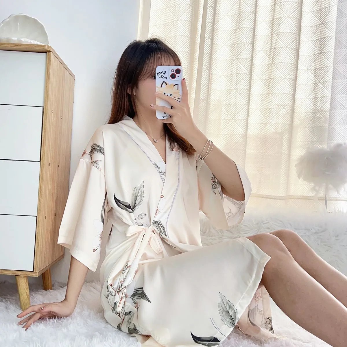 Design Floral Print Silk Robe Beige Sleepwear
