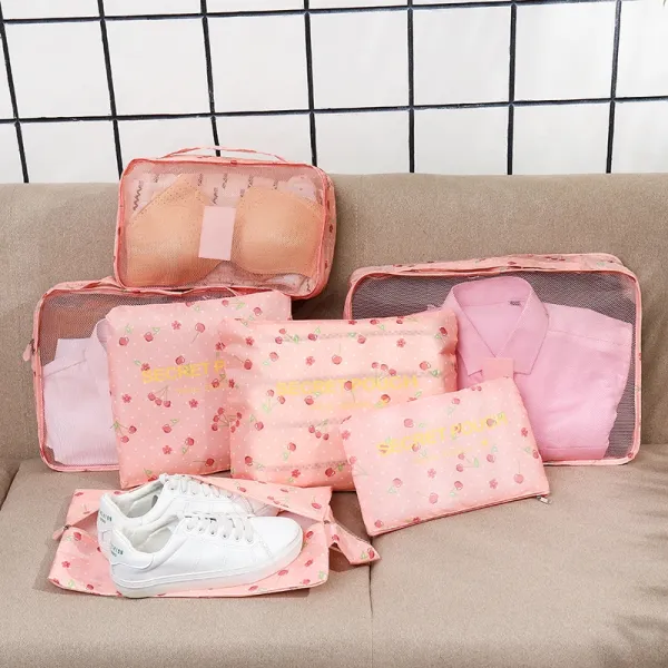 Design Secret Pouch Cherry Print Mesh Travel Organizer Set Pink Travel Bags - 1