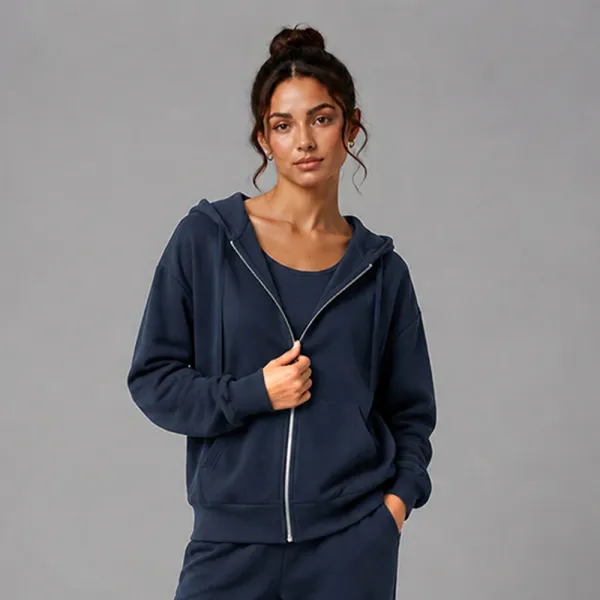 Design Zip-Up Hoodie Navy Blue Casual Set - 1