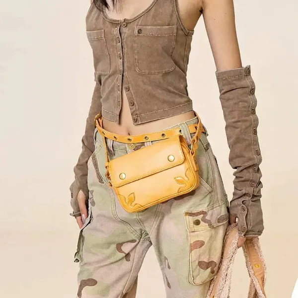 Design Leather Crossbody Bag with Embroidered Leaf Motif Tan - 2