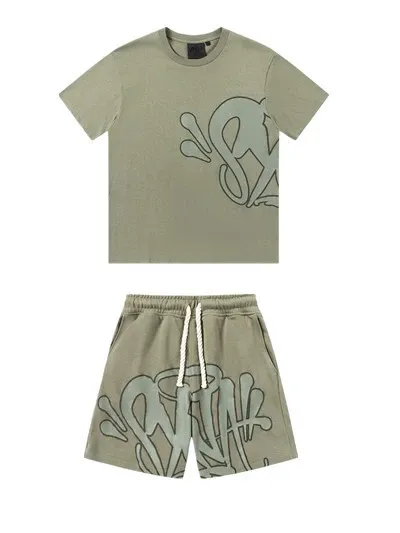Design Graffiti Print Olive Green T-Shirt and Shorts Set - 1
