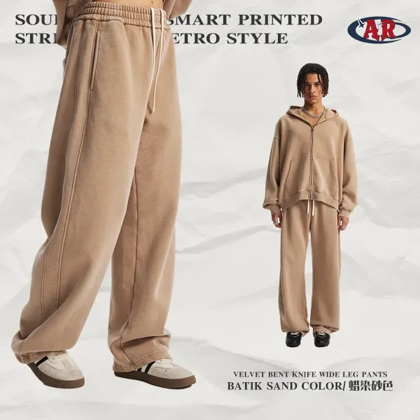 Design AR Velvet Bent Knife Wide Leg Pants Batik Sand Color Sweatpants - 1