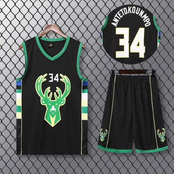 Design Milwaukee Bucks Giannis Antetokounmpo #34 Black Green Jersey Set Sets - 1