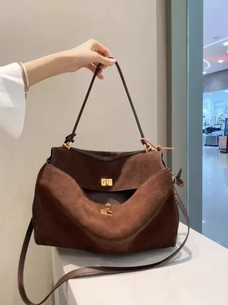 Design Suede Flap Handbag in Brown with Gold Hardware - 11