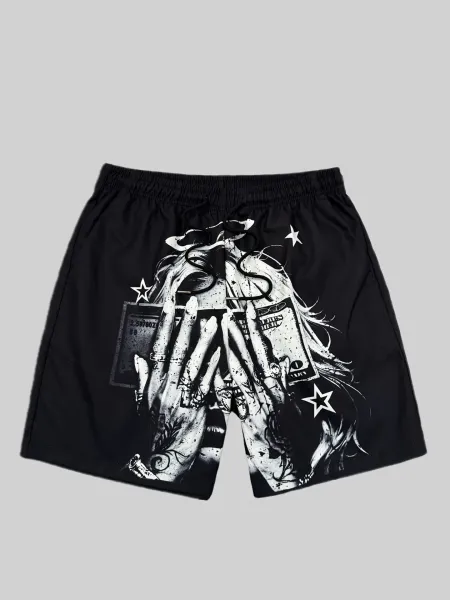 Design Puzzle Print Drawstring Shorts Black - 5