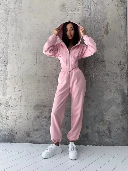 Design Pink Zip-Front Hooded Jumpsuit Sets - 14