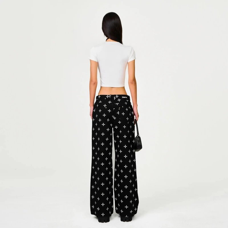 SMF SMFK Cross Print Wide-Leg Pants Black Pants - 4