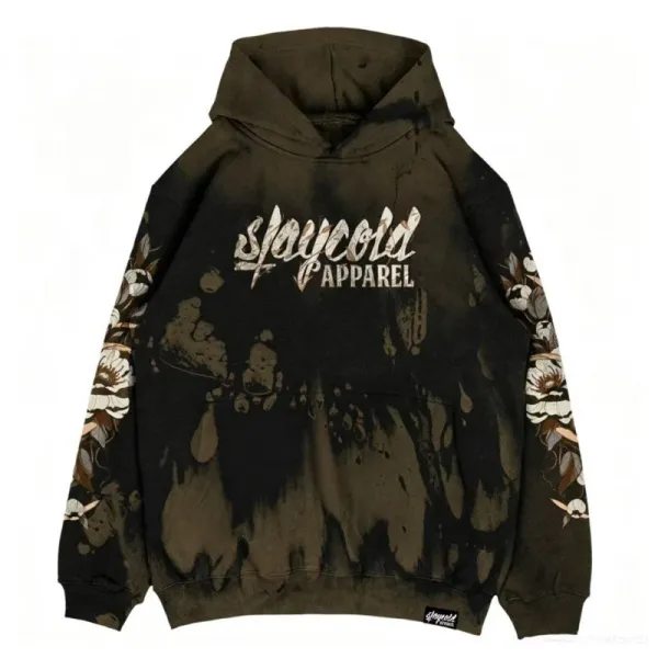 Design Slaycold Apparel Floral Acid Wash Hoodie Army Green Hoodie - 1
