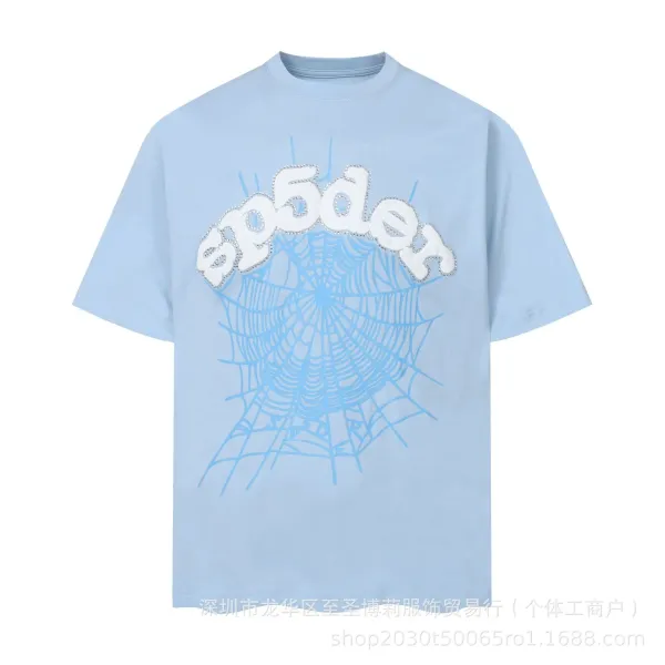 SP5DER Spider Web Embroidered Light Blue T-Shirt - 1