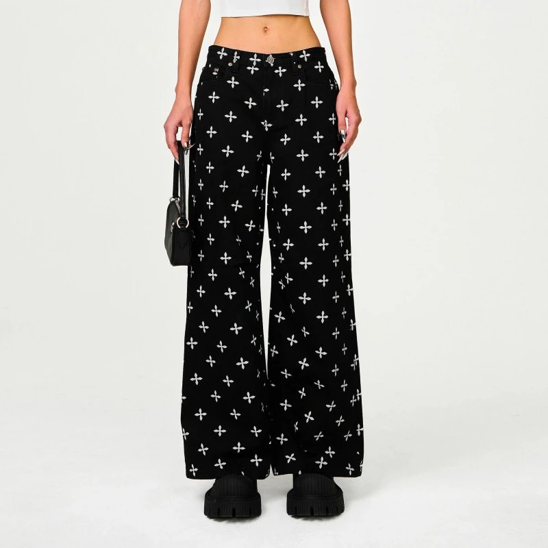 SMF SMFK Cross Print Wide-Leg Pants Black Pants - 6