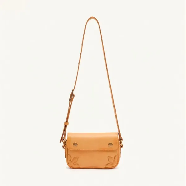 Design Leather Crossbody Bag with Embroidered Leaf Motif Tan - 1
