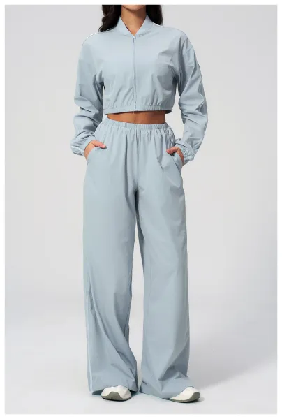 Design Cropped Zip-Up Jacket and Wide-Leg Pants Set in Pale Lime - 25