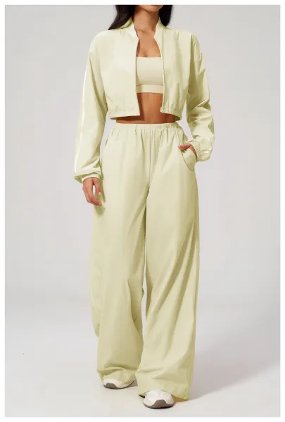 Design Cropped Zip-Up Jacket and Wide-Leg Pants Set in Pale Lime - 33