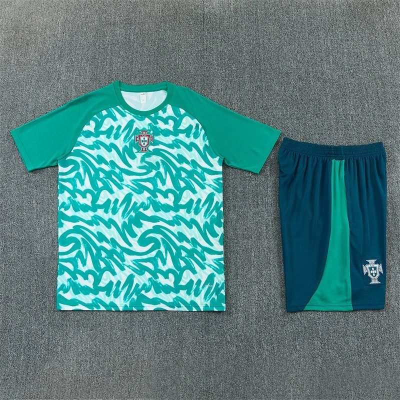 Portugal National Team Training Kit Green Wave Pattern Jersey and Shorts Set