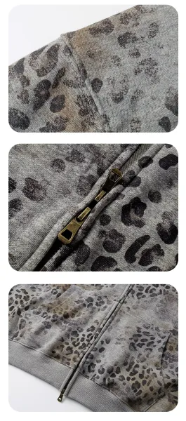 Design Leopard Print Heavyweight Fleece Zip-Up Hoodie and Sweatpants Set - 14