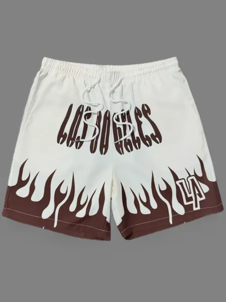 Design Los Angeles Flame Print Shorts White Brown - 1