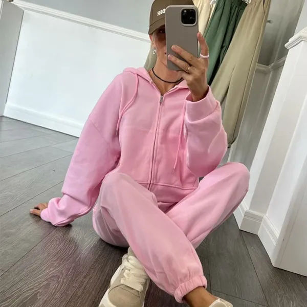 Design Full-Zip Hooded Tracksuit Set Pink Casual-Set - 1