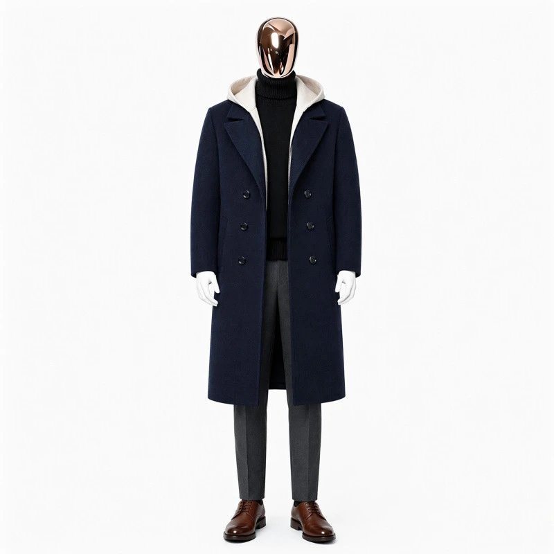 Design Navy Wool Blend Double-Breasted Coat with Hooded Liner Outerwear.coat