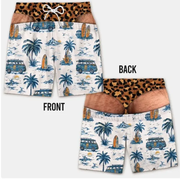 Design Tropical Van Print Board Shorts with Leopard Waistband - 1