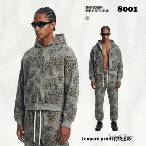 Design Leopard Print Heavyweight Fleece Zip-Up Hoodie and Sweatpants Set - 1