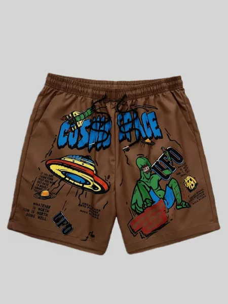 Design Cosmic Space UFO Print Brown Shorts - 1