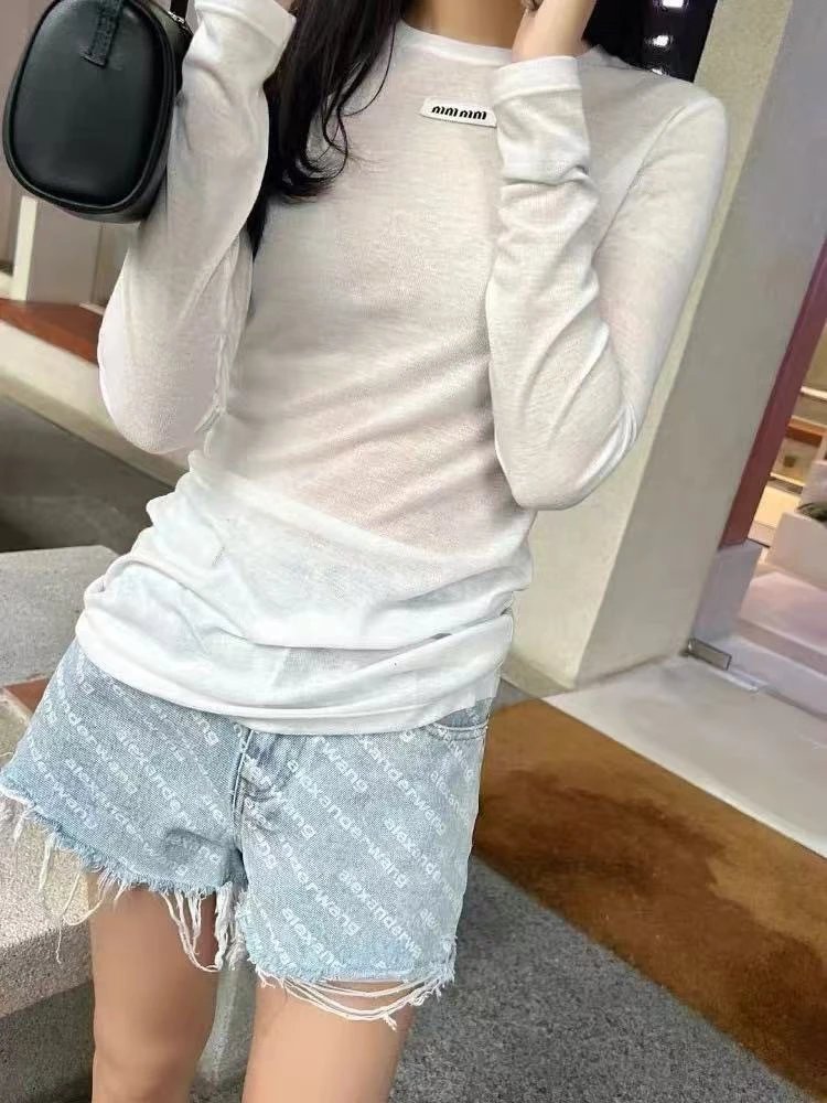 Miu Miu Logo Patch Long Sleeve Top White - 5