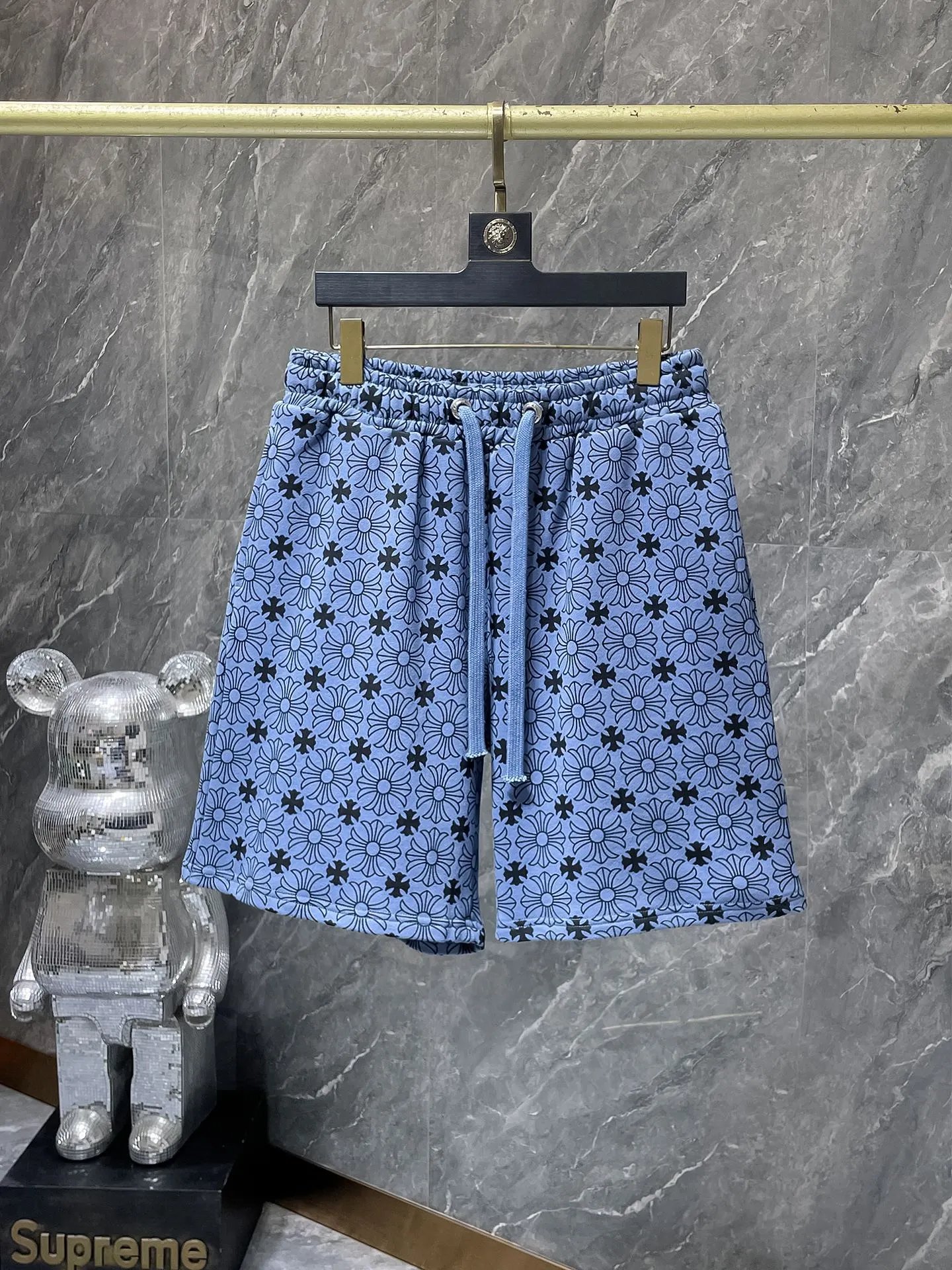 Design Floral Print Drawstring Waist Shorts Blue - 3