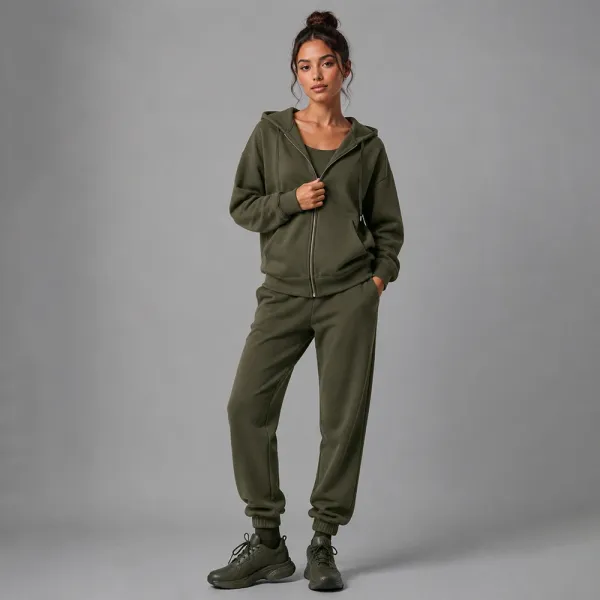 Design Olive Green Zip-Up Hoodie and Jogger Set - 1