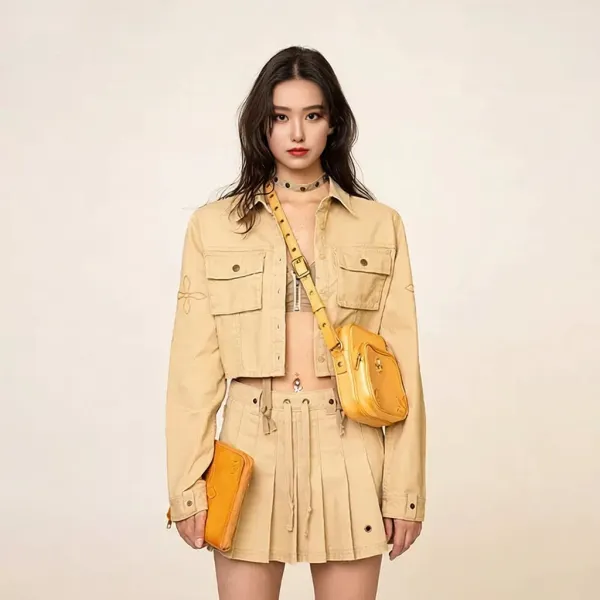 Design Leather Crossbody Bag with Embroidered Leaf Motif Tan - 3