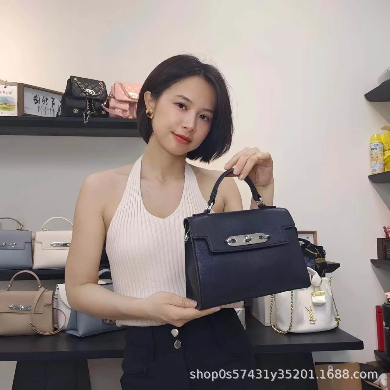 Design Mini Kelly-Style Top Handle Bag Light Gray Handbag - 21