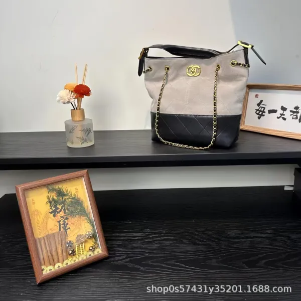 Chanel Bucket Bag Beige and Black Quilted Leather with Gold Chain Strap Handbags - 13