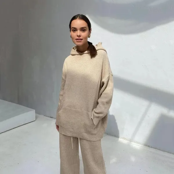 Design Oversized Ribbed Knit Hoodie and Pants Set Beige - 1