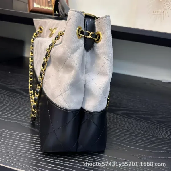 Chanel Bucket Bag Beige and Black Quilted Leather with Gold Chain Strap Handbags - 27