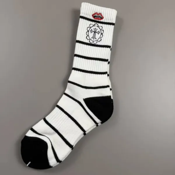 Design Striped Socks with Lip and Cross Motif White / Black Socks - 1