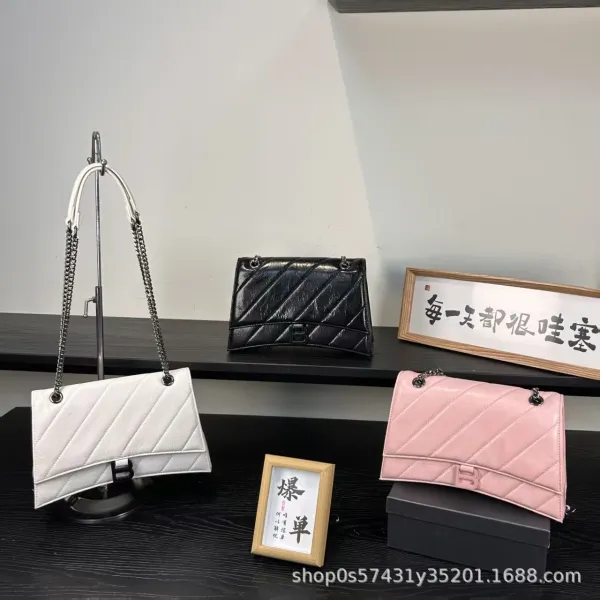 Balenciaga Hourglass Mini Quilted Chain Shoulder Bag in White, Black, and Pink - 2