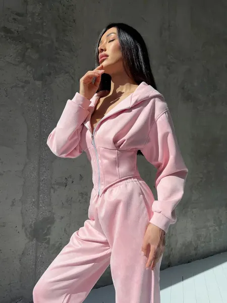 Design Pink Zip-Front Hooded Jumpsuit Sets - 18