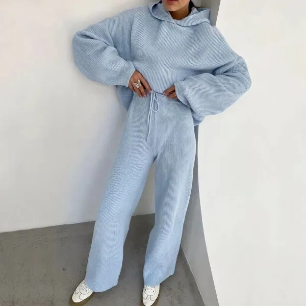 Design Ribbed Knit Hoodie and Pants Set Light Blue Casual Set - 1