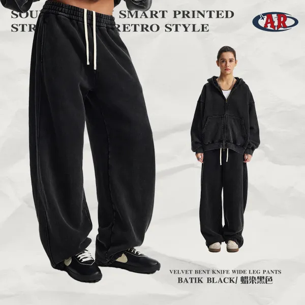 Design AR Velvet Bent Knife Wide Leg Pants Batik Black Sweatpants - 1