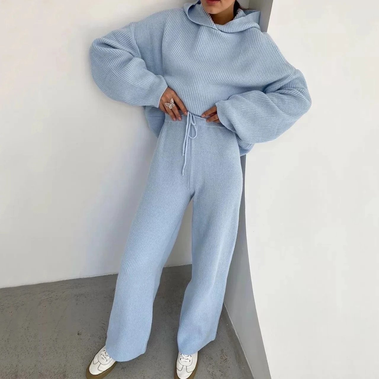 Design Ribbed Cropped Hoodie and Drawstring Pants Set Beige - 9